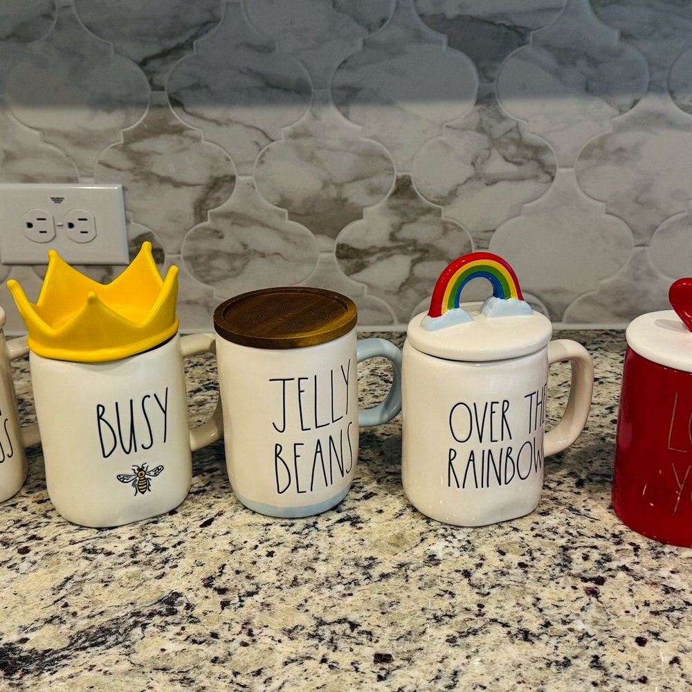 Rae Dunn Ceramic Mugs with candle Lot with Whimsical Toppers